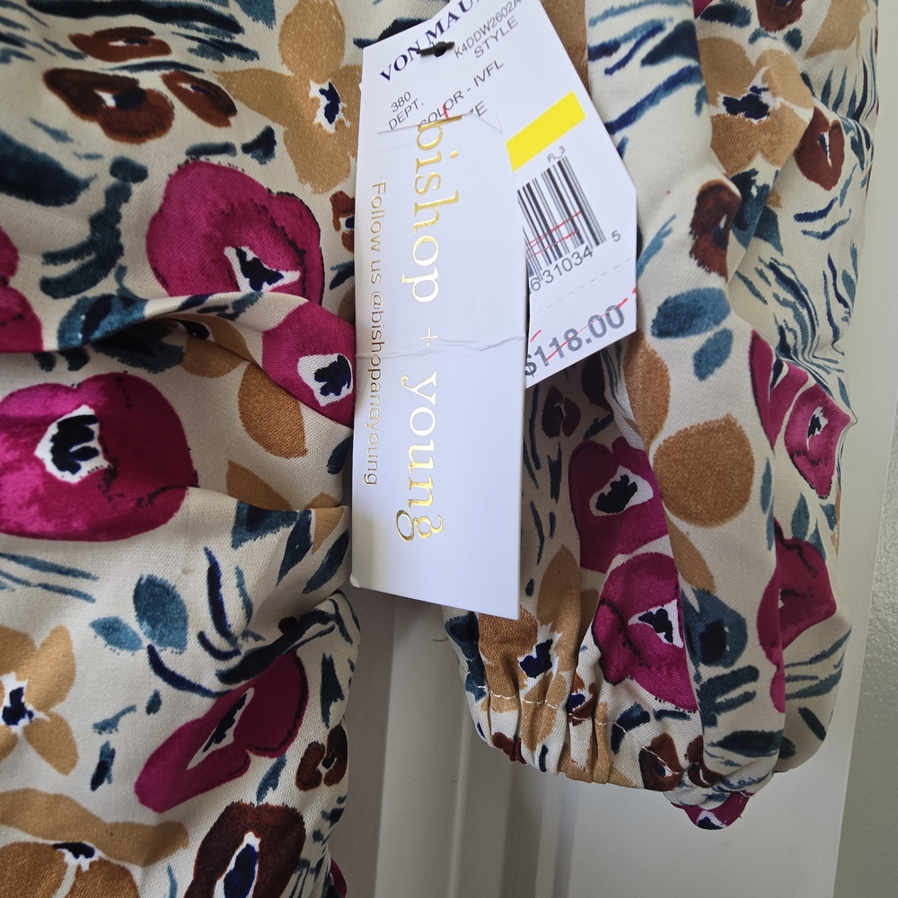 Nwt Bishop + Young Carly Ruched Floral Mini Dress S Puff Sleeve Bodycon - Picture 10 of 15